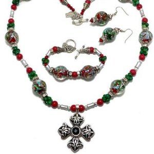 Handmade Jewelry Set by Surdigirl - Jewelry Set - Cross, Red Coral, Art Glass